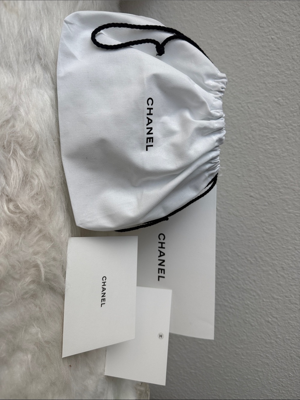 CHANEL White Drawstring Dust Bag with Black Logo, Envelopes and Cards
